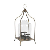 7 ágú gyertyatartóval rendelkező, antik rézszínű fém lámpás.